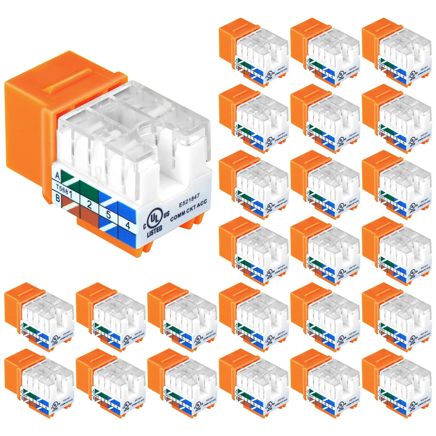 VCE UL Listed 10Gbps Cat6 Keystone Jack Insert 25-Pack, 90 Degree Punch Down RJ45 Keystone Jack Adapter Slim Profile Blue