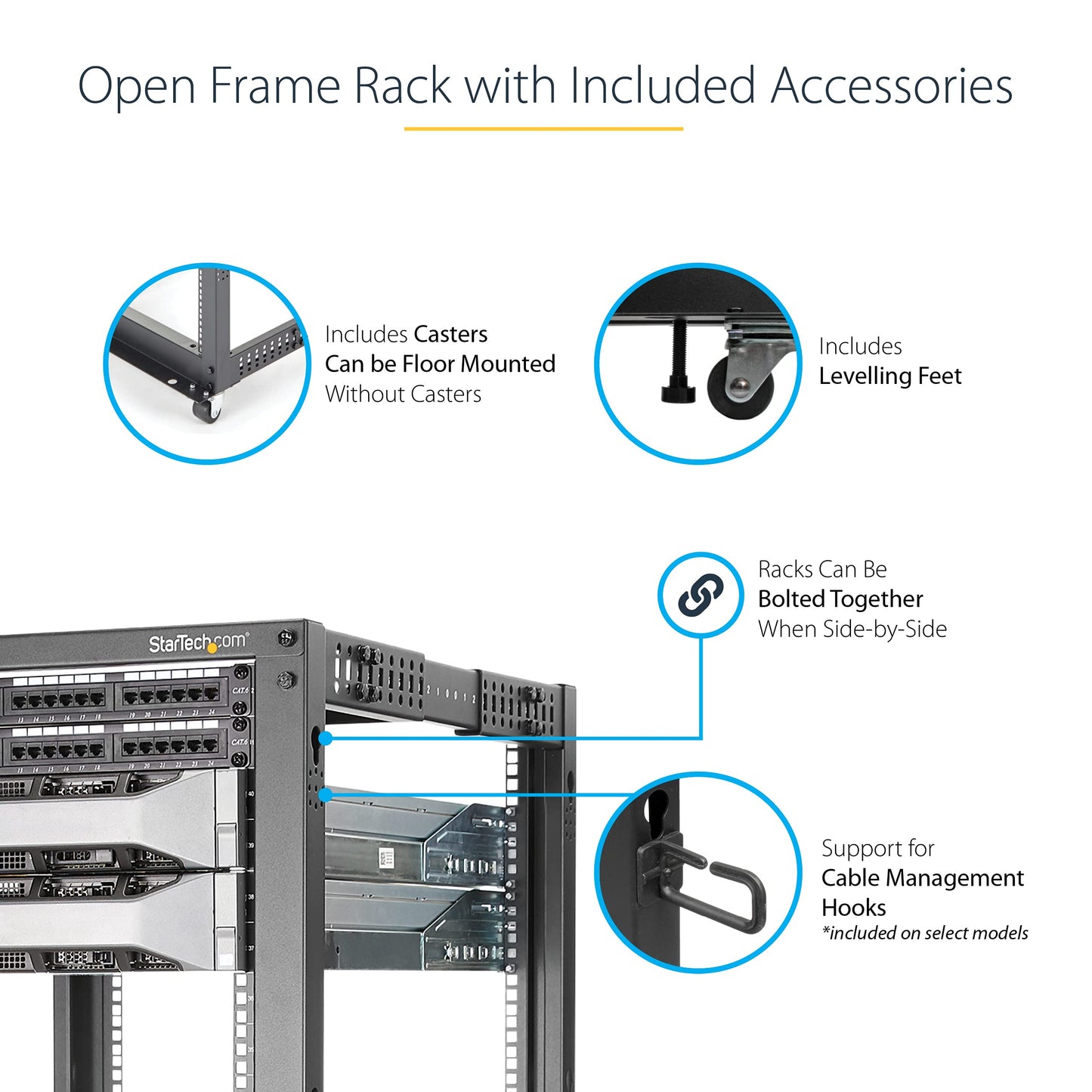 StarTech 42U 4-Post Server Rack, 19in Open Frame Rack with 40in (101cm) Mounting Depth and 1323lb (600kg) Weight Capacity, Mobile or Floor Mount IT Rack