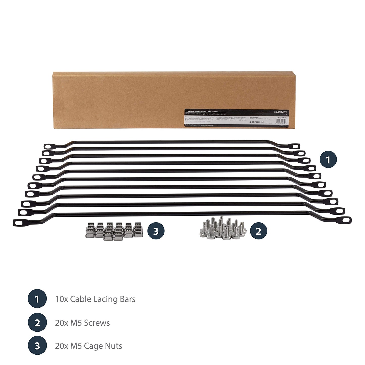 StarTech 10-Pack Horizontal Lacing Bar with 2in (5.1cm) Offset at 75 Degrees, Server Rack Cable Management, 19" Network Rack-Mount Cord Organizer, TAA
