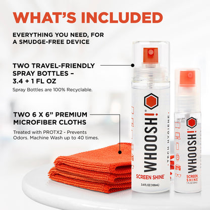 WHOOSH! Screen Shine Duo - Screen Cleaner Spray for iPad, Monitor, Laptop, MacBook - 3.4 oz & 0.3 oz Bottles with 2 Microfiber Cloths - Portable Electronic Cleaning Kit for Travel, Office, and Home