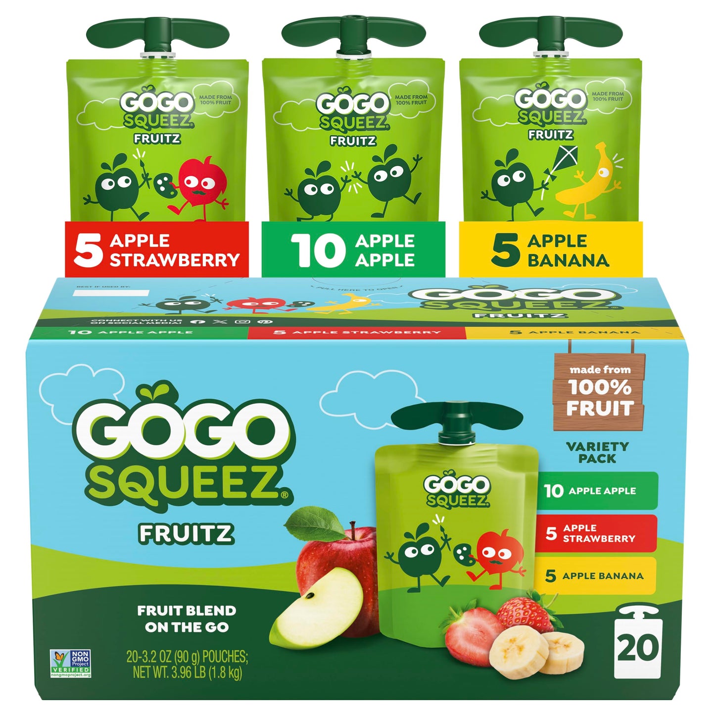 GoGo squeeZ No Sugar Added Applesauce and Fruit Puree Variety Pack, Apple, Mango & Banana, 3.2 oz Pouches (Pack of 20), Fruit Snacks for Kids, Gluten Free, Nut Free, Recloseable Cap, BPA Free