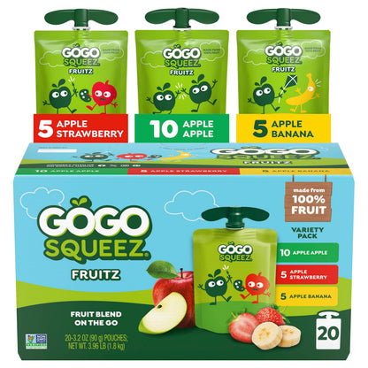 GoGo squeeZ No Sugar Added Applesauce and Fruit Puree Variety Pack, Apple, Mango & Banana, 3.2 oz Pouches (Pack of 20), Fruit Snacks for Kids, Gluten Free, Nut Free, Recloseable Cap, BPA Free