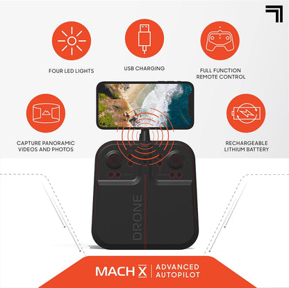 Sharper Image 10” Mach X Long Range Drone with Streaming Camera, LED Lights, 2.4 GHz, Auto-Orientation, Assisted Landing and Gyro Stabilization Control, Capture Panoramic Videos, Rechargeable Battery