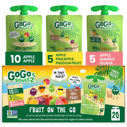 GoGo squeeZ No Sugar Added Applesauce and Fruit Puree Variety Pack, Apple, Mango & Banana, 3.2 oz Pouches (Pack of 20), Fruit Snacks for Kids, Gluten Free, Nut Free, Recloseable Cap, BPA Free