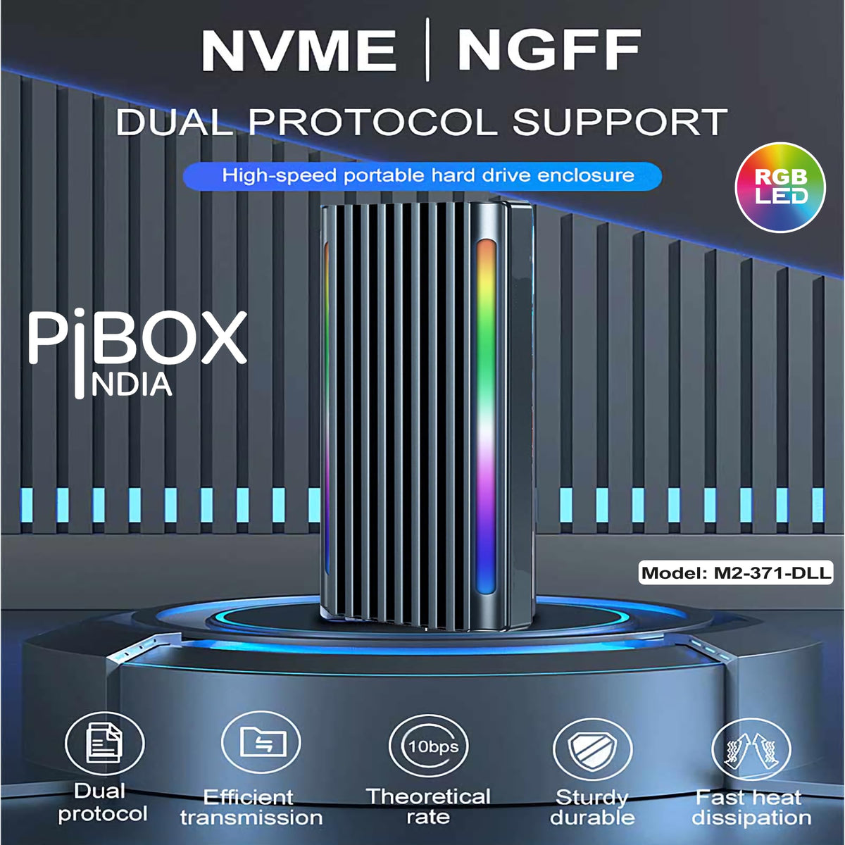 PiBOX India NVMe M2 Enclosure - Dual Protocol USB 3.2 Tool-Free Case, PCI-E Reader, USB-C, M & B+M Keys, 2230/2242/2260/2280 SSDs