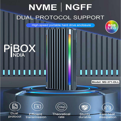 PiBOX India NVMe M2 Enclosure - Dual Protocol USB 3.2 Tool-Free Case, PCI-E Reader, USB-C, M & B+M Keys, 2230/2242/2260/2280 SSDs