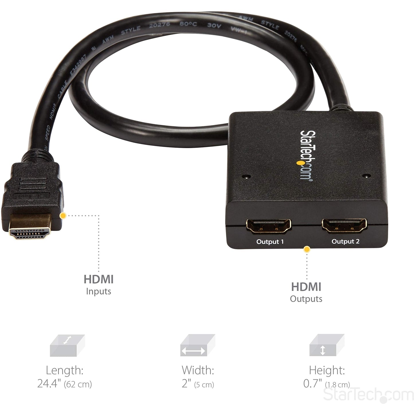 StarTech.com 4K HDMI Splitter 1 In 2 Out - 4K 30Hz HDMI 1.4 2 Port Video Splitter Box -with high speed HDMI cable, USB power cable - Black (ST122HD4KU)