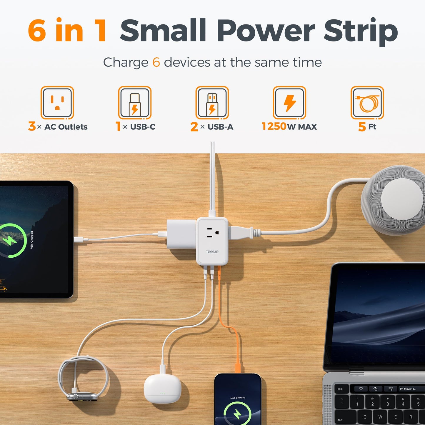 TESSAN Small Flat Plug Power Strip, Ultra Thin Extension Cord 5 ft, 3 AC Outlets with 3 USB Ports (1 USB C), Multiple Wall Outlet Extender for Cruise Travel Office School Dorm Room Essentials