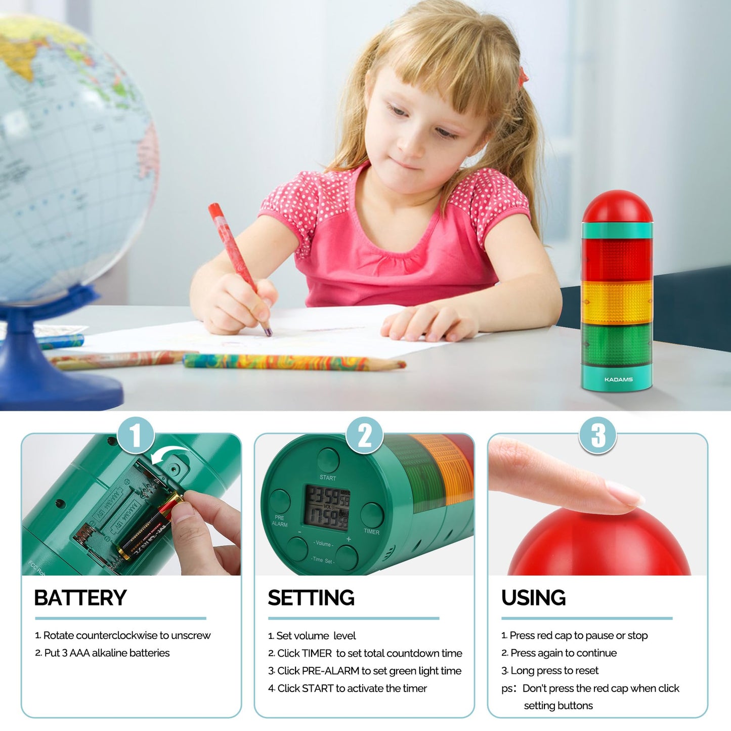 KADAMS Visual Timer for Kids with Audio Pre-Alarm - Traffic Light Alarm for Kids Toddler Teachers Classroom Home Time Management Tool 24hr Countdown Pause Memory Function