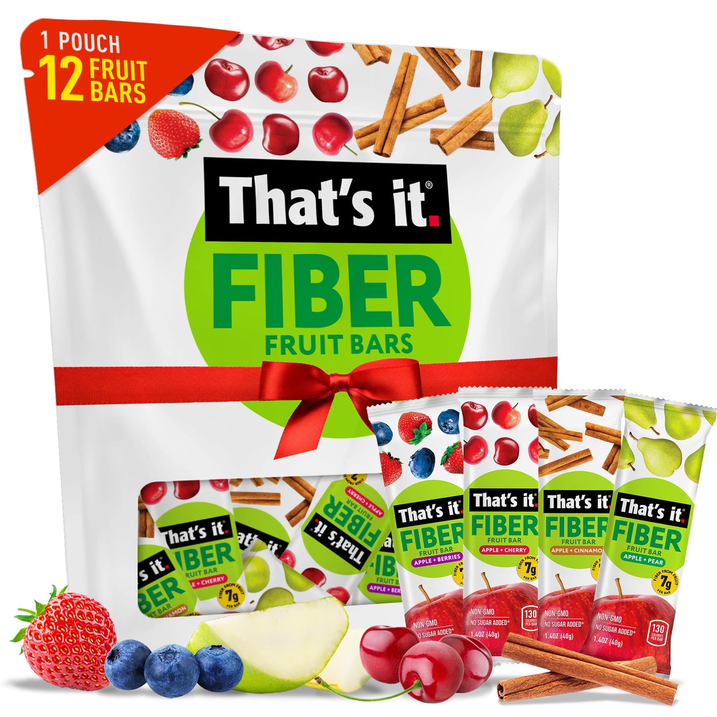 That’s it. High Fiber Fruit Bars Variety Pack (12 Count) – Cinnamon, Pear, Mixed Berries & Cherry, 7g Fiber from Real Fruit, 3-4 Ingredients, No Added Sugar, 130 Calories, Gluten-Free, Top 12 Allergen-Free, Non-GMO