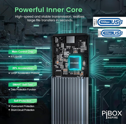 PiBOX India NVMe M2 Enclosure - Dual Protocol USB 3.2 Tool-Free Case, PCI-E Reader, USB-C, M & B+M Keys, 2230/2242/2260/2280 SSDs