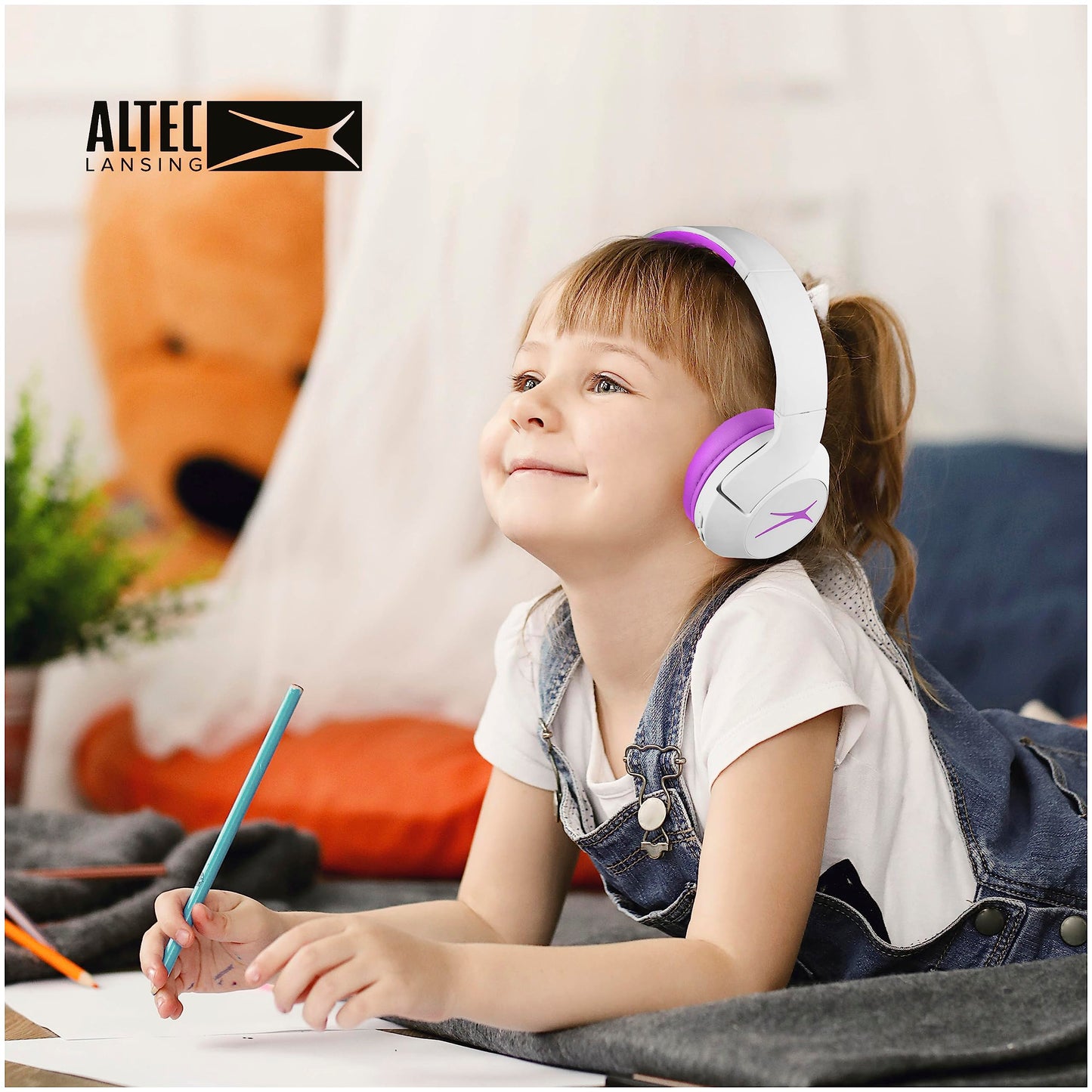 Altec Lansing Kid Safe Noise Cancelling Wireless Headphones 15H Battery, 85dB Volume Limit, Foldable Design Powerful Sound, Active Noise Cancellation Perfect for Kids Ages 7+ (Whiteout Pop Pink)