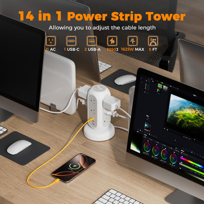 Tower Power Strip Flat Plug with 11 Outlets 3 USB (1 USB C), TESSAN Surge Protector Tower 1625W/13A,1050J Protection, 6 Feet Extension Cord with Multiple Outlets, Office Desk Supplies, Dorm Essentials