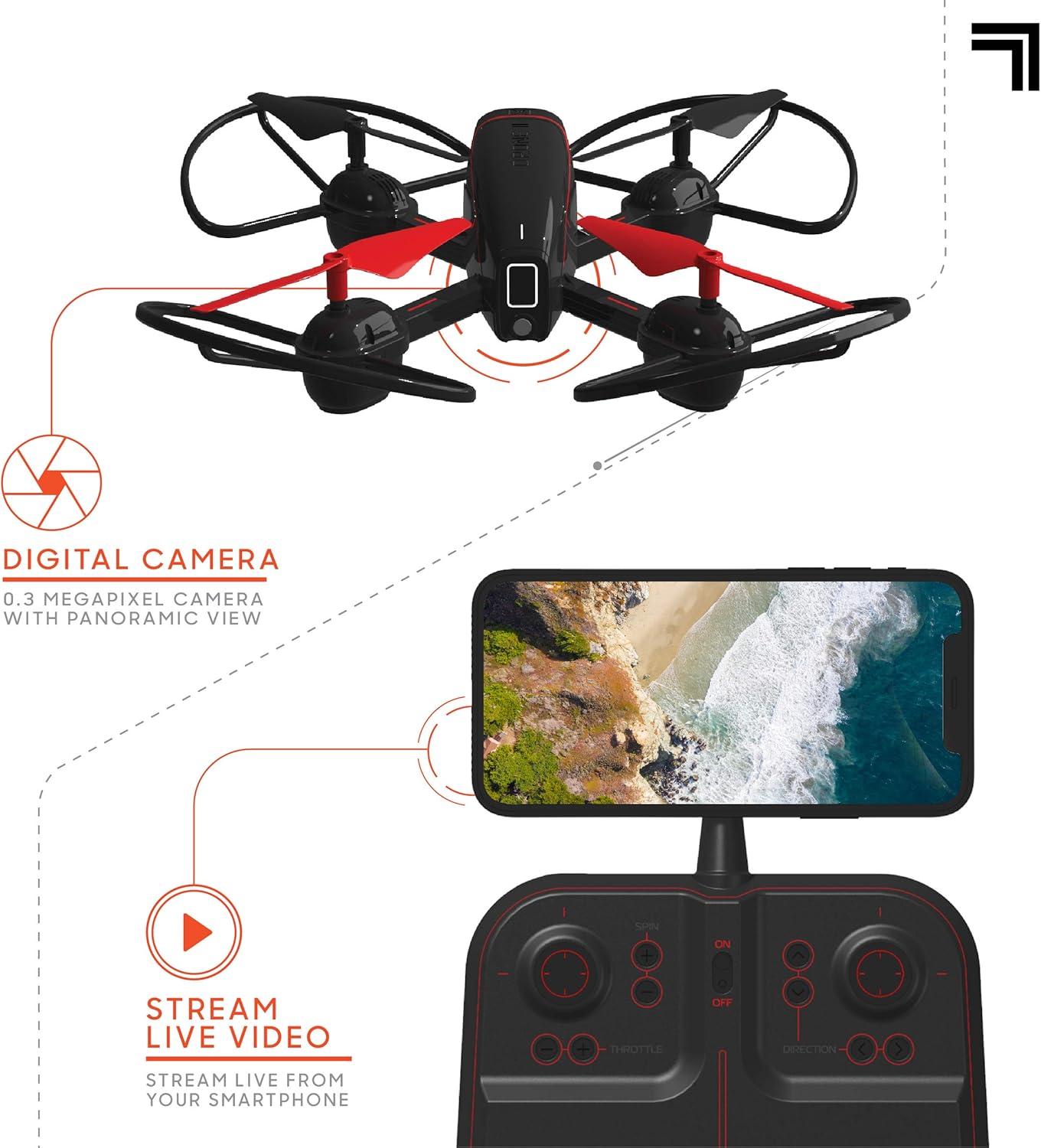 Sharper Image 10” Mach X Long Range Drone with Streaming Camera, LED Lights, 2.4 GHz, Auto-Orientation, Assisted Landing and Gyro Stabilization Control, Capture Panoramic Videos, Rechargeable Battery