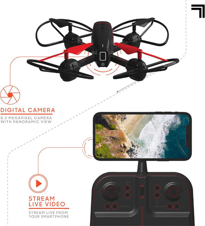 Sharper Image 10” Mach X Long Range Drone with Streaming Camera, LED Lights, 2.4 GHz, Auto-Orientation, Assisted Landing and Gyro Stabilization Control, Capture Panoramic Videos, Rechargeable Battery