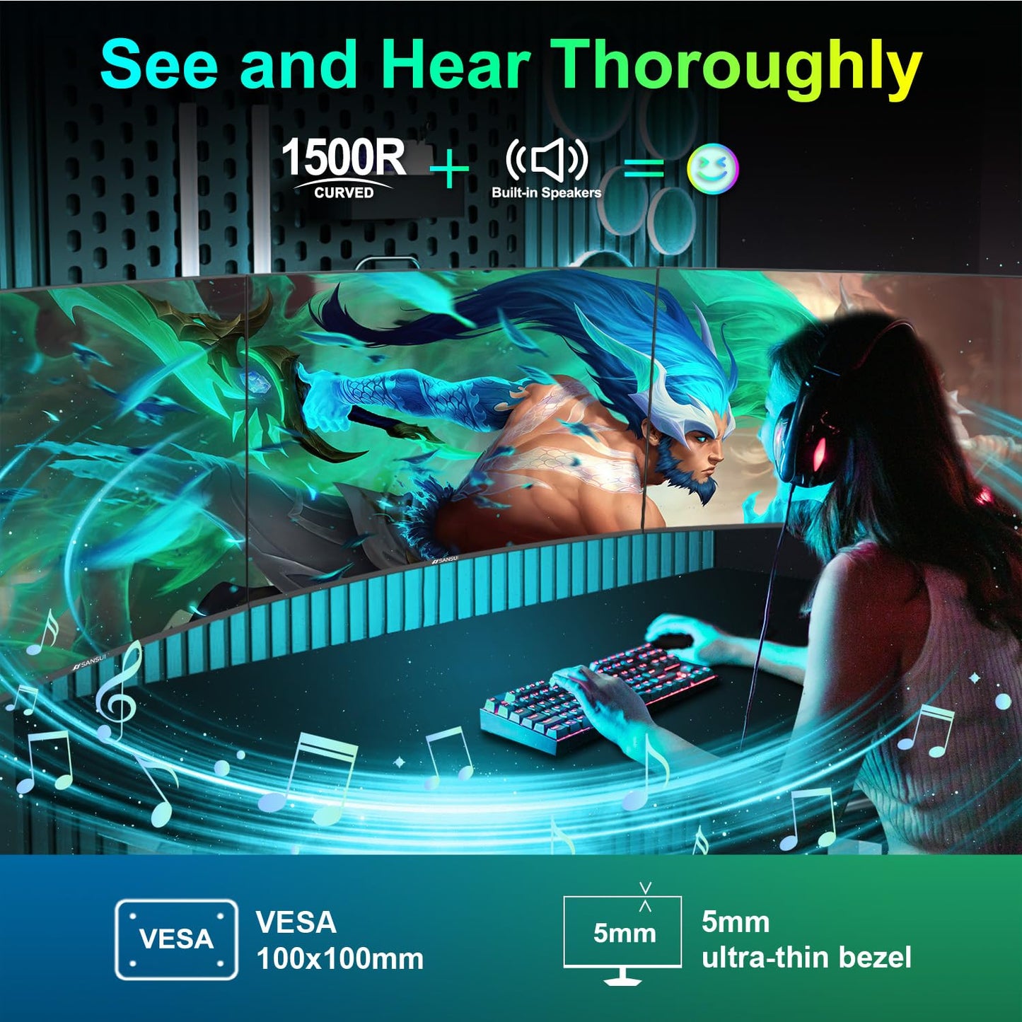 SANSUI 34-Inch Curved Gaming Monitor UWQHD 3440 x 1440P Up to 200Hz 165Hz Curved 1500R - PIP/PBP, OD 1ms, HDR, 300nits, sRGB 130%, DCI-P3 97%,AI Crosshair,HDMI2.1x2,DP1.4(Cable Included)