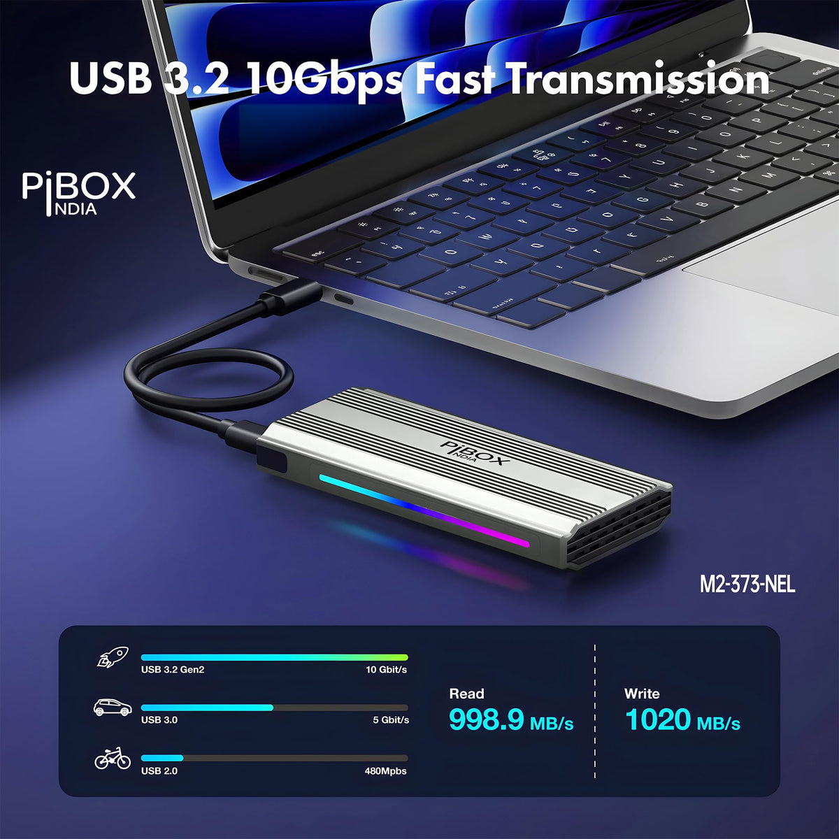 PiBOX India NVMe M2 Enclosure - Dual Protocol USB 3.2 Tool-Free Case, PCI-E Reader, USB-C, M & B+M Keys, 2230/2242/2260/2280 SSDs