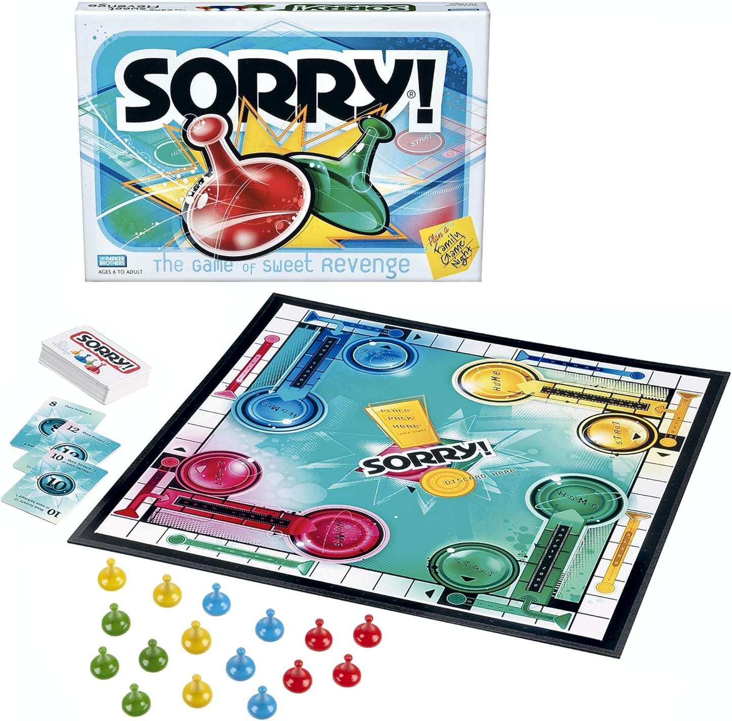 Sorry! Board Game for Kids Ages 6 and Up; Classic Hasbro Board Game; Each Player Gets 4 Pawns (Pawn Colors May Vary) – Amazon Exclusive