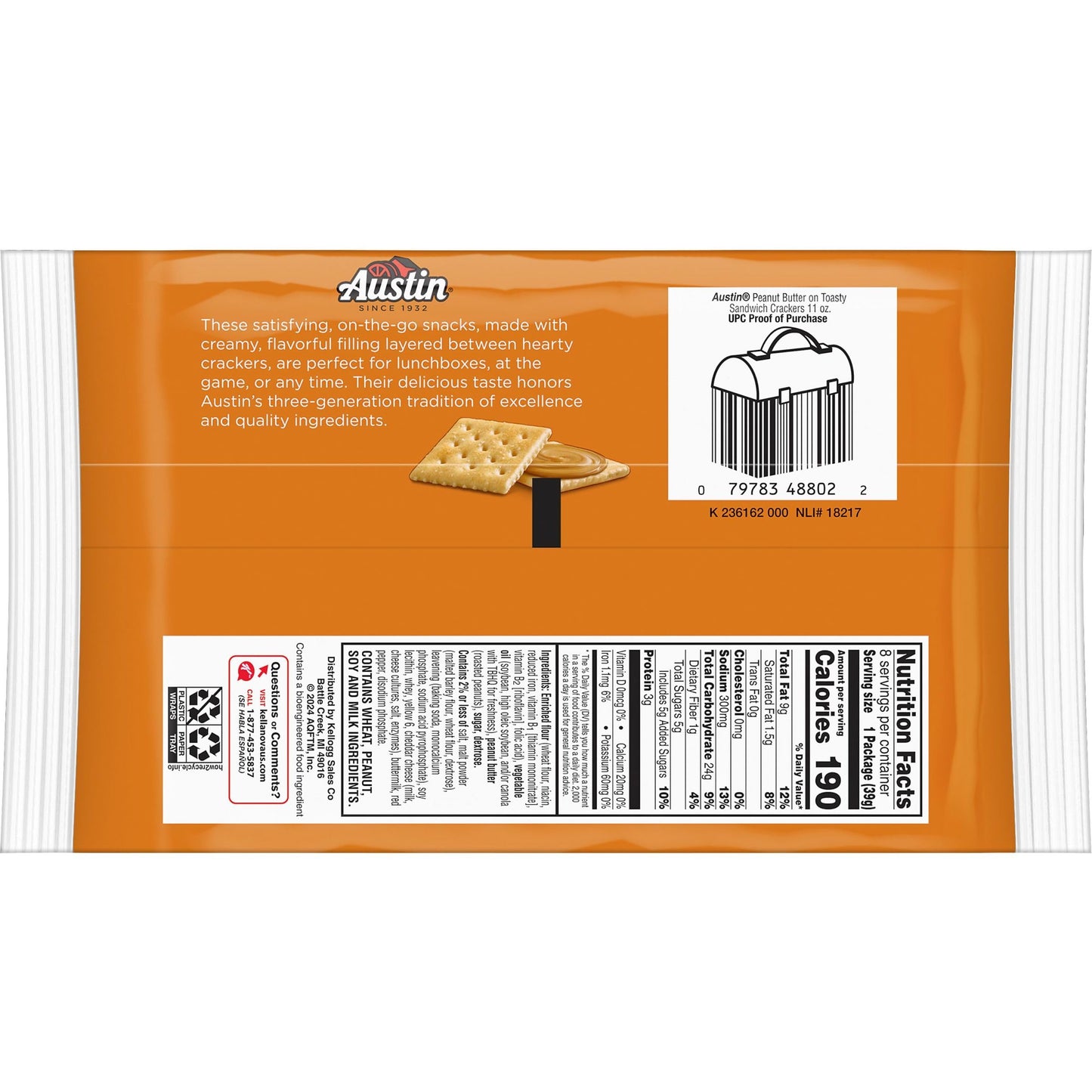 Austin Peanut Butter On Toasty Sandwich Crackers, Lunch Snacks, 11oz Tray (8 Packs)