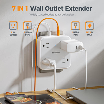 TESSAN Multi Plug Outlet Extender, Surge Protector Splitter with 3 USB (1 USB C Port) Wall Charger, Multiple Expander for Travel, Home, College Dorm Room