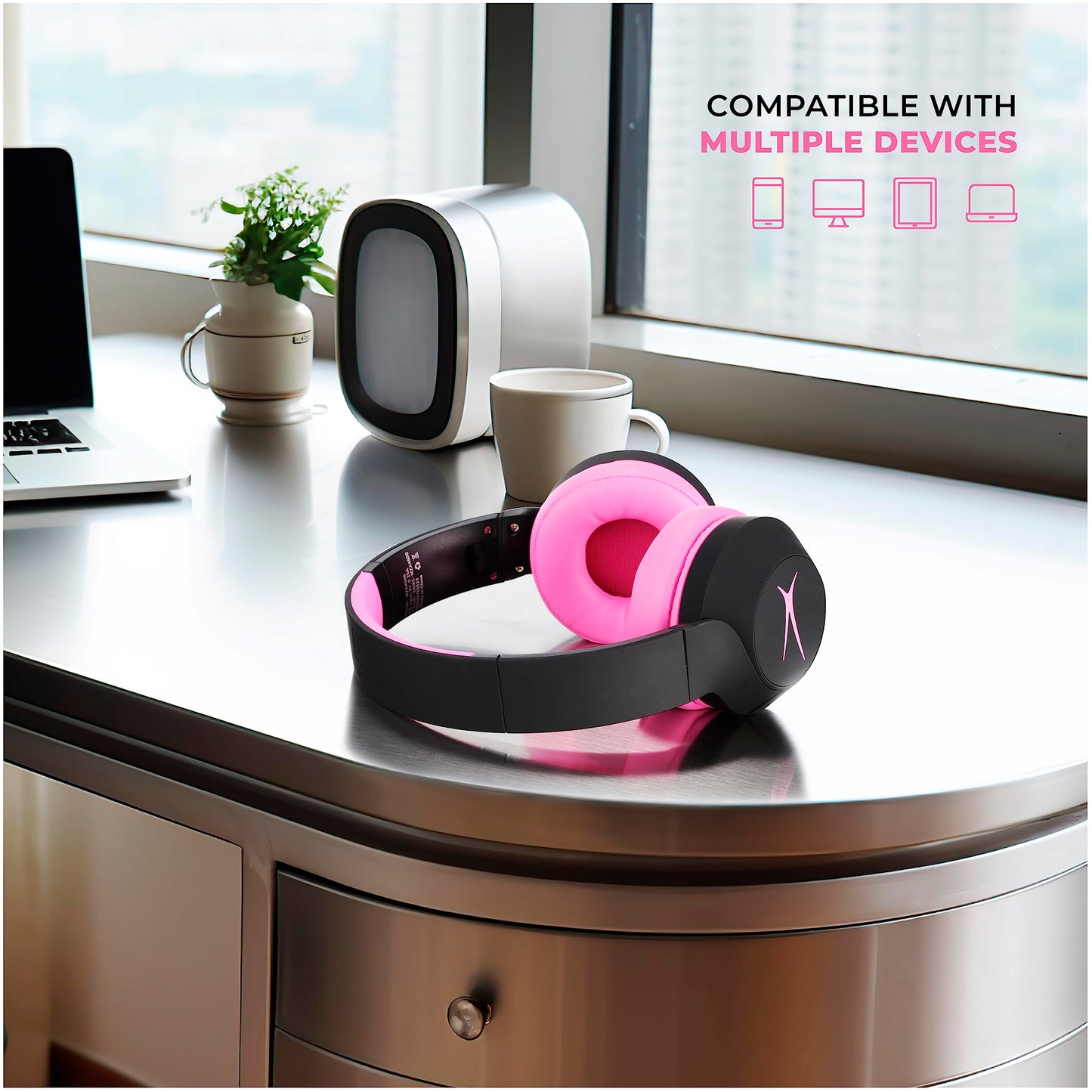 Altec Lansing Kid Safe Noise Cancelling Wireless Headphones 15H Battery, 85dB Volume Limit, Foldable Design Powerful Sound, Active Noise Cancellation Perfect for Kids Ages 7+ (Whiteout Pop Pink)