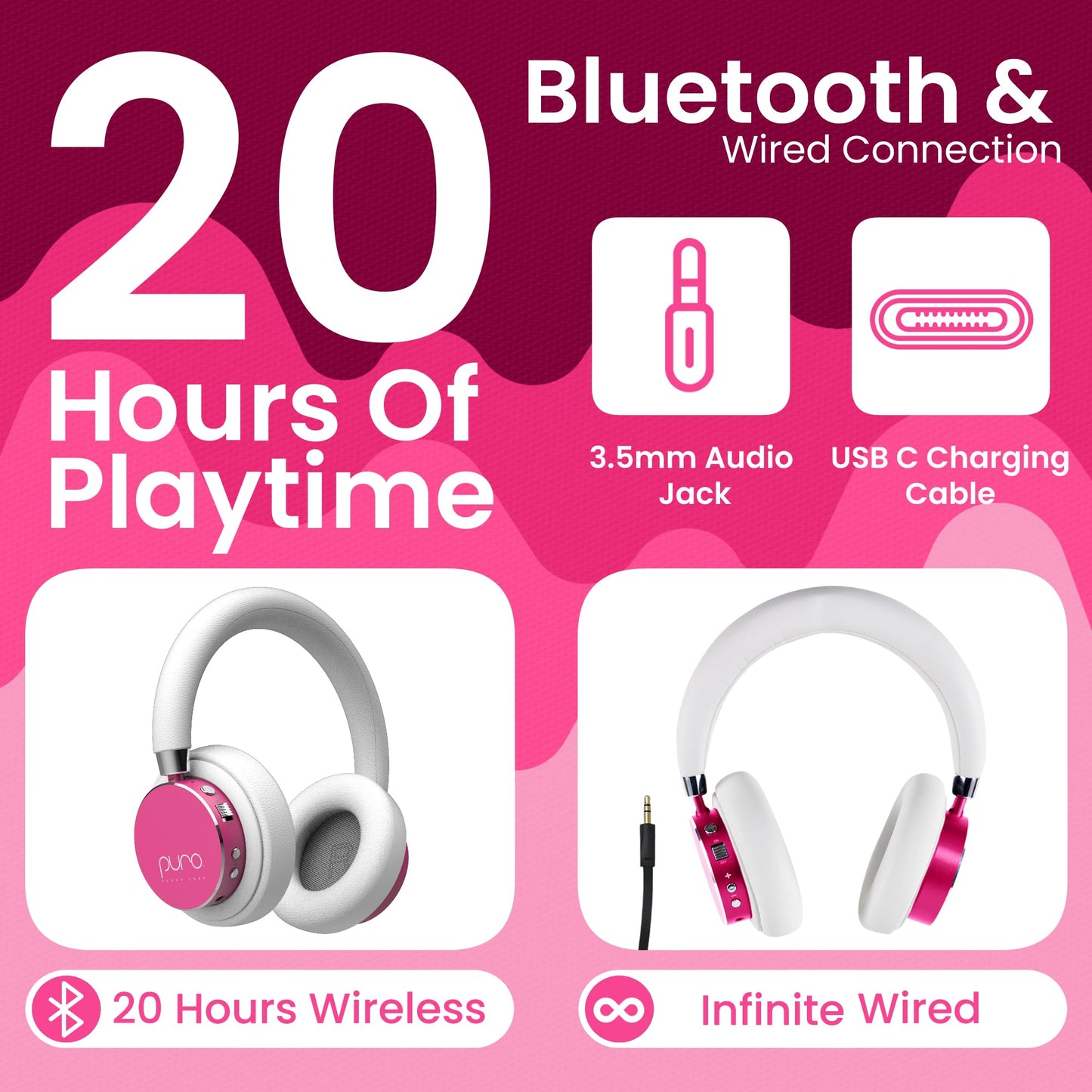 Puro Sound Labs Kids Wireless Headphones – Volume-Limiting 85dB, Built-in Mic, Studio-Grade Sound, 20-Hour Battery Life, Comfortable & Easy to Connect Kids Bluetooth Headphones – BT2200 Plus, Purple