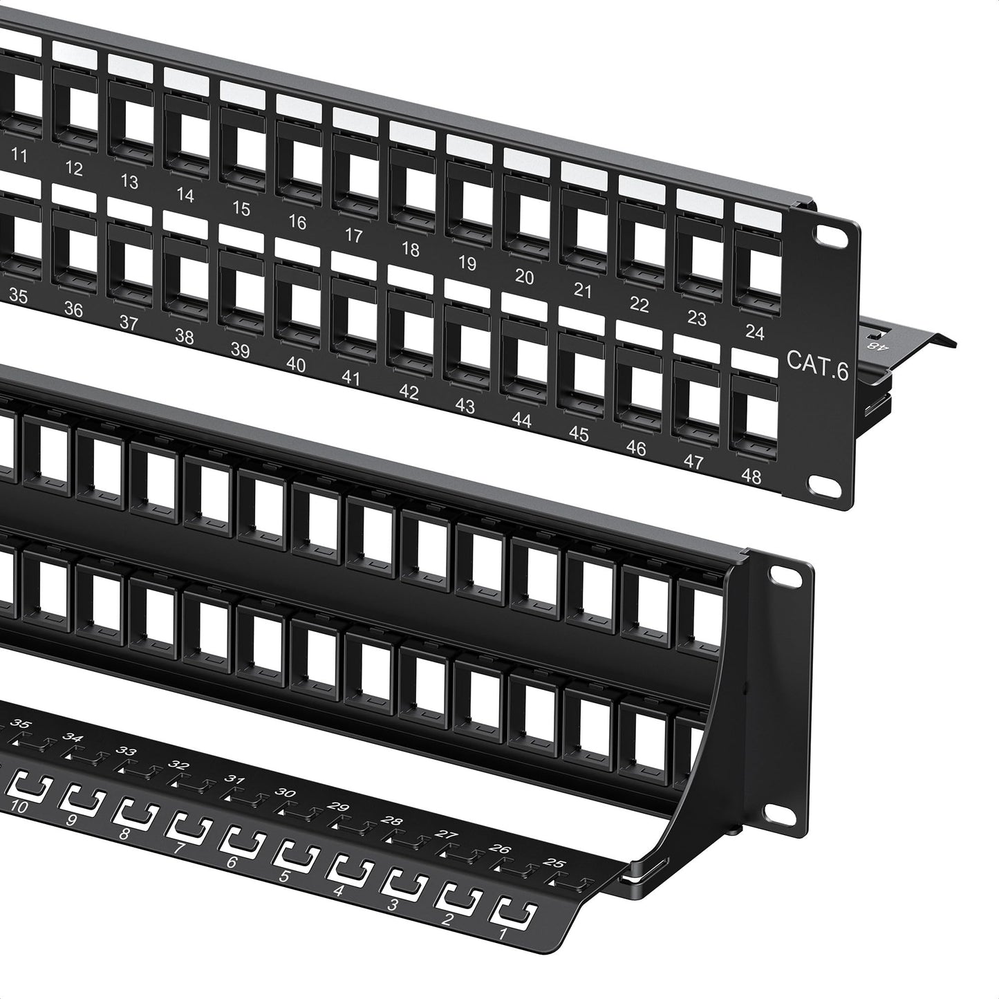 Cable Matters Rackmount or Wall Mount 1U 24 Port Keystone Patch Panel with Cable Management and Support Bar, 19-inch Blank Patch Panel for Keystone Jacks