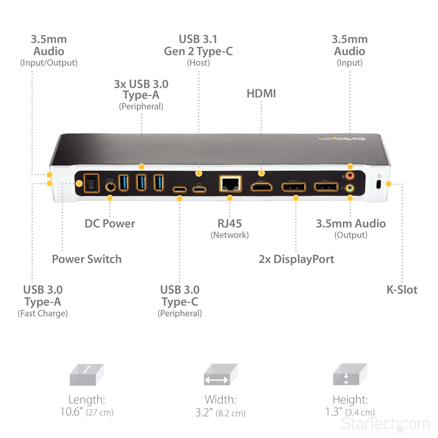 StarTech.com USB-C Triple Monitor Docking Station for MacBook Pro / Air M1 M2 M3 M4 & Windows, Universal 4K HDMI DP Dock, Thunderbolt Compatible, 100W Laptop Charging - TAA, Black, Silver