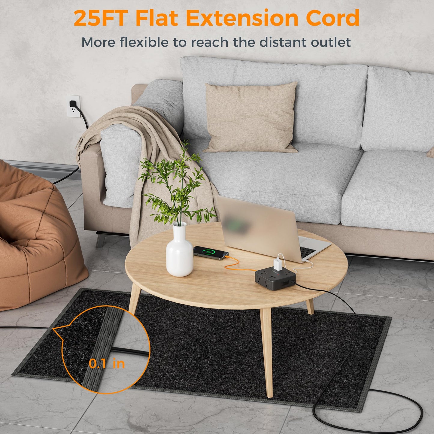 TESSAN Surge Protector Power Strip, 5 Ft Flat Plug Extension Cord with 3 USB (1 USB C) 8 Outlets, 1250W, 900J Protection, 3 Sided Outlet Extender with Power Switch for Office, Dorm Room, Grey