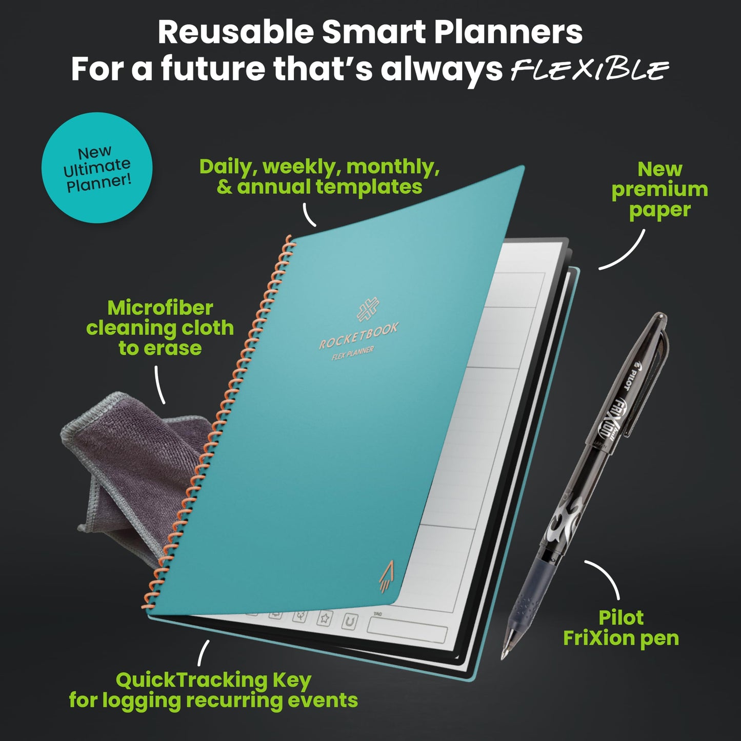 Rocketbook Fusion Hybrid Reusable Planner and Notebook in One, Additional Blank Pages, Goal and Project Tracker, Undated Planner, Letter Size 8.5x11, Black (Pack of 1)