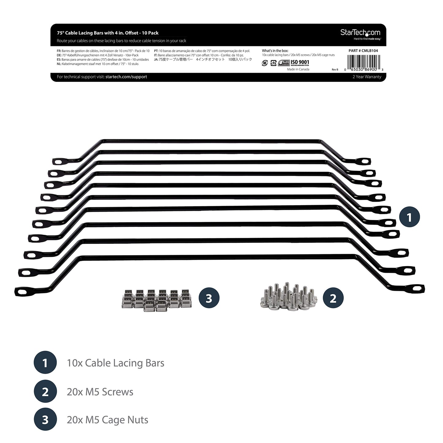 StarTech 10-Pack Horizontal Lacing Bar with 2in (5.1cm) Offset at 75 Degrees, Server Rack Cable Management, 19" Network Rack-Mount Cord Organizer, TAA
