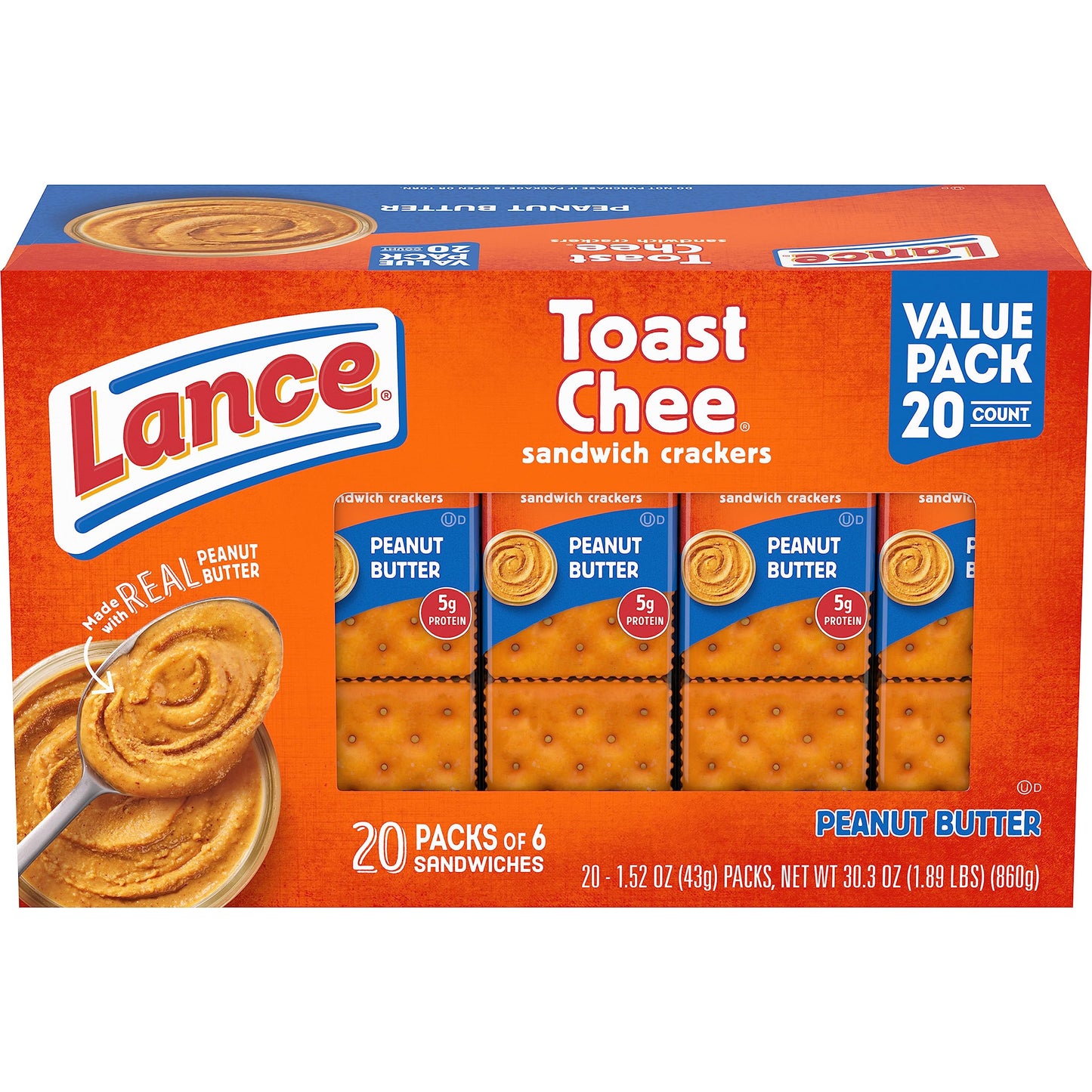 Lance Sandwich Crackers, Variety Pack, 3 Flavors, 20 Individually Wrapped Packs, 6 Sandwiches Each