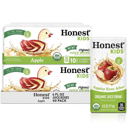 Honest Kids Organic Juice Drink, Appley Ever After, 6.75 fl oz Juice Box, Pack of 40