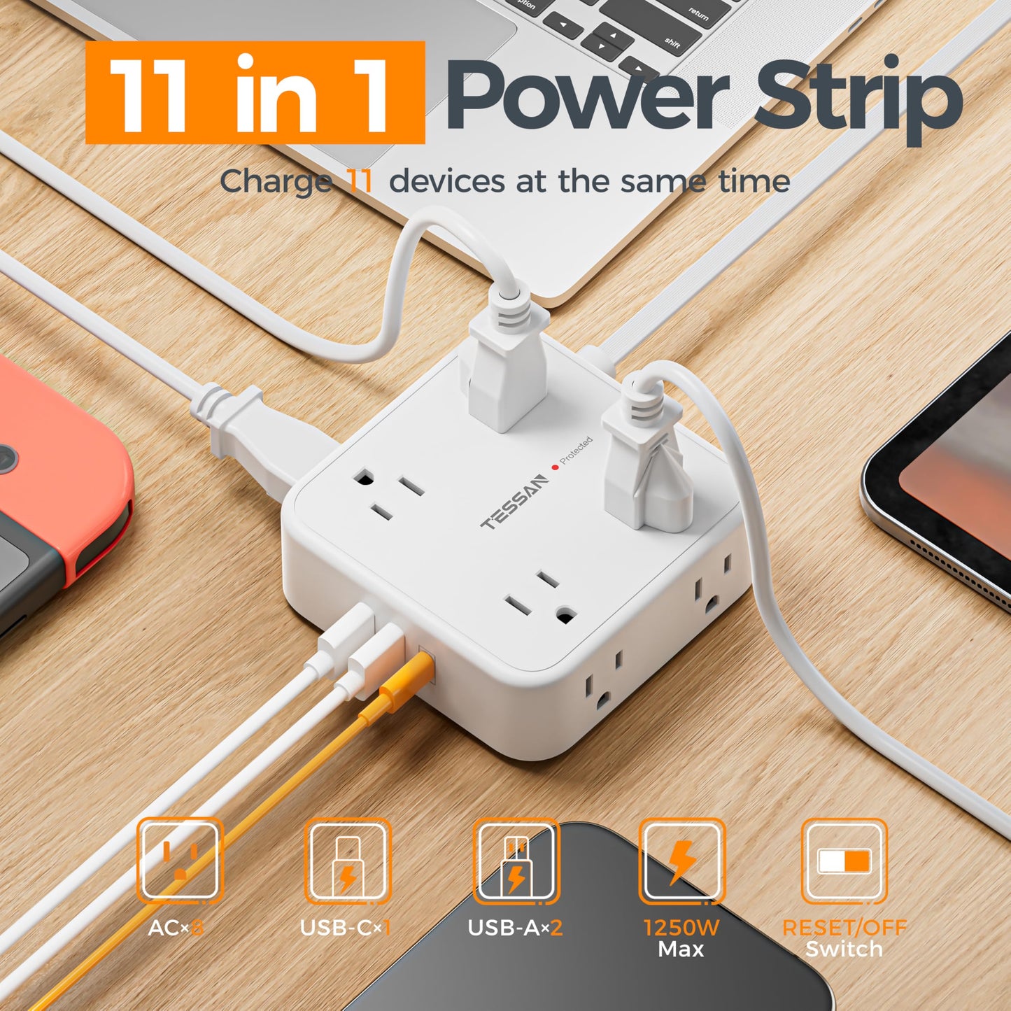 TESSAN Surge Protector Power Strip, 5 Ft Flat Plug Extension Cord with 3 USB (1 USB C) 8 Outlets, 1250W, 900J Protection, 3 Sided Outlet Extender with Power Switch for Office, Dorm Room, Grey