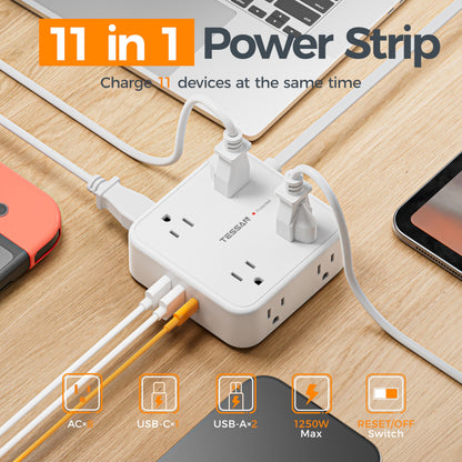 TESSAN Surge Protector Power Strip, 5 Ft Flat Plug Extension Cord with 3 USB (1 USB C) 8 Outlets, 1250W, 900J Protection, 3 Sided Outlet Extender with Power Switch for Office, Dorm Room, Grey