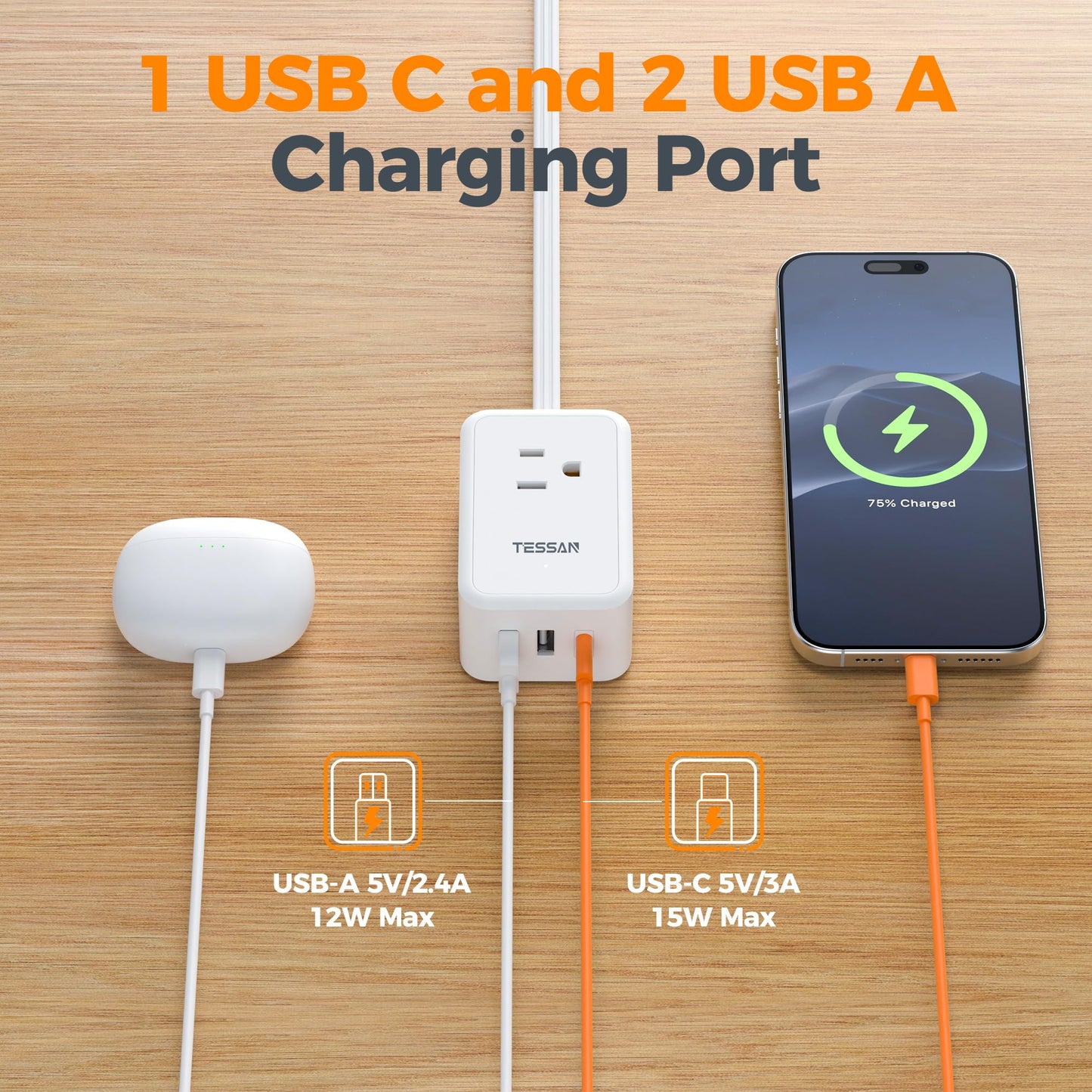TESSAN Small Flat Plug Power Strip, Ultra Thin Extension Cord 5 ft, 3 AC Outlets with 3 USB Ports (1 USB C), Multiple Wall Outlet Extender for Cruise Travel Office School Dorm Room Essentials