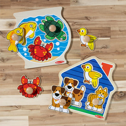 Melissa & Doug Wooden Jumbo Peg Puzzle 2-Pack – Fish Bowl, House Pets, 3-Piece for Toddlers Boys and Girls, Ages 1+ Years