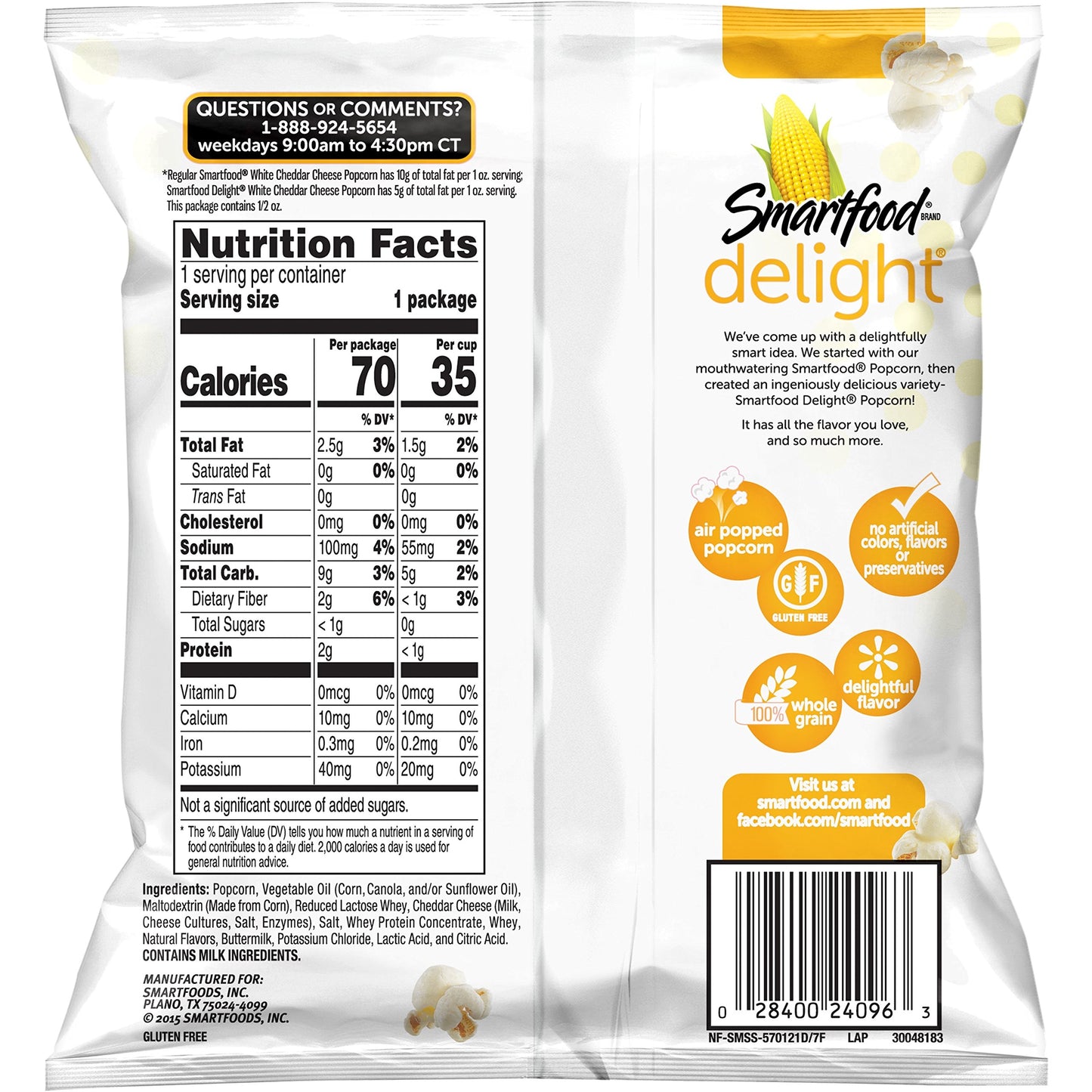 Smartfood Delight White Cheddar Flavored Popcorn, 40 Count, 0.5 oz Bags