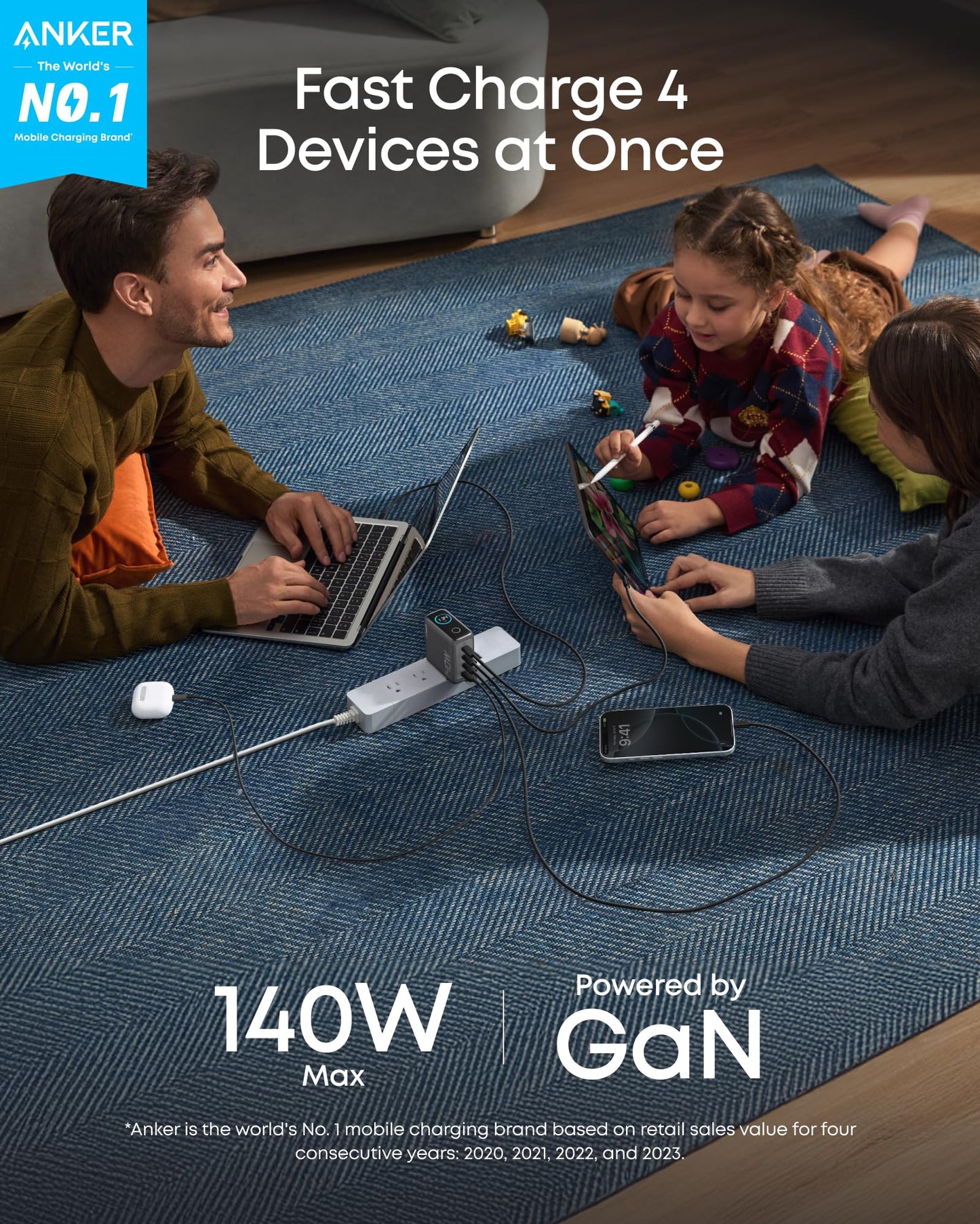 Anker MacBook Charger,140W Max 4-Port GaN USB C Charger Block with Smart Display,Fast Charger USB C Power Adapter,Touch Controls for MacBook,iPad,iPhone 17/16 Series (Include 5FT Cable,Non-Battery)