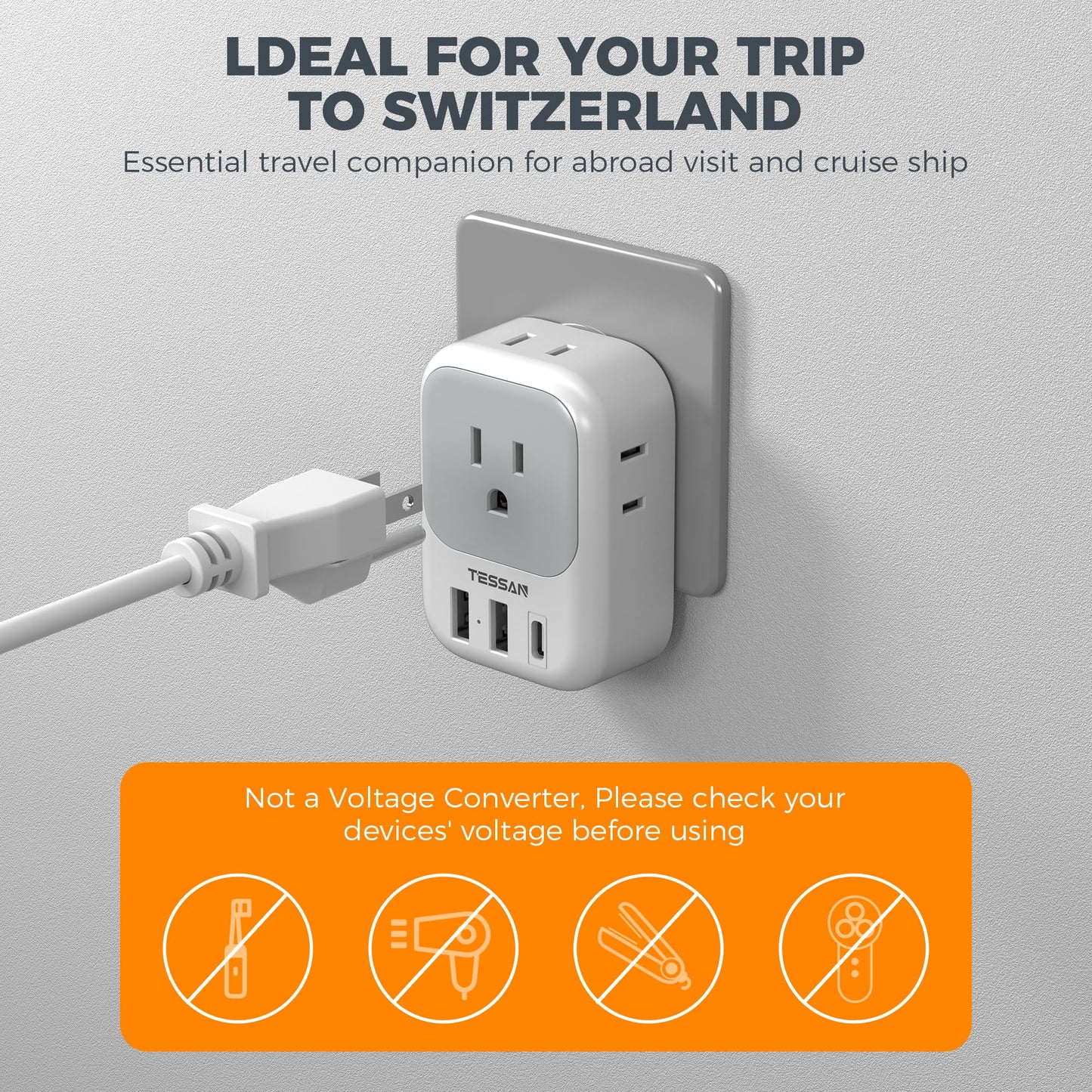 2 Pack European Plug Adapter USB C, TESSAN US to Europe Adapter 4 Outlets 3 USB Charger, Type C International Power Adaptor to Italy Spain France Portugal Iceland Germany, Europe Travel Essentials