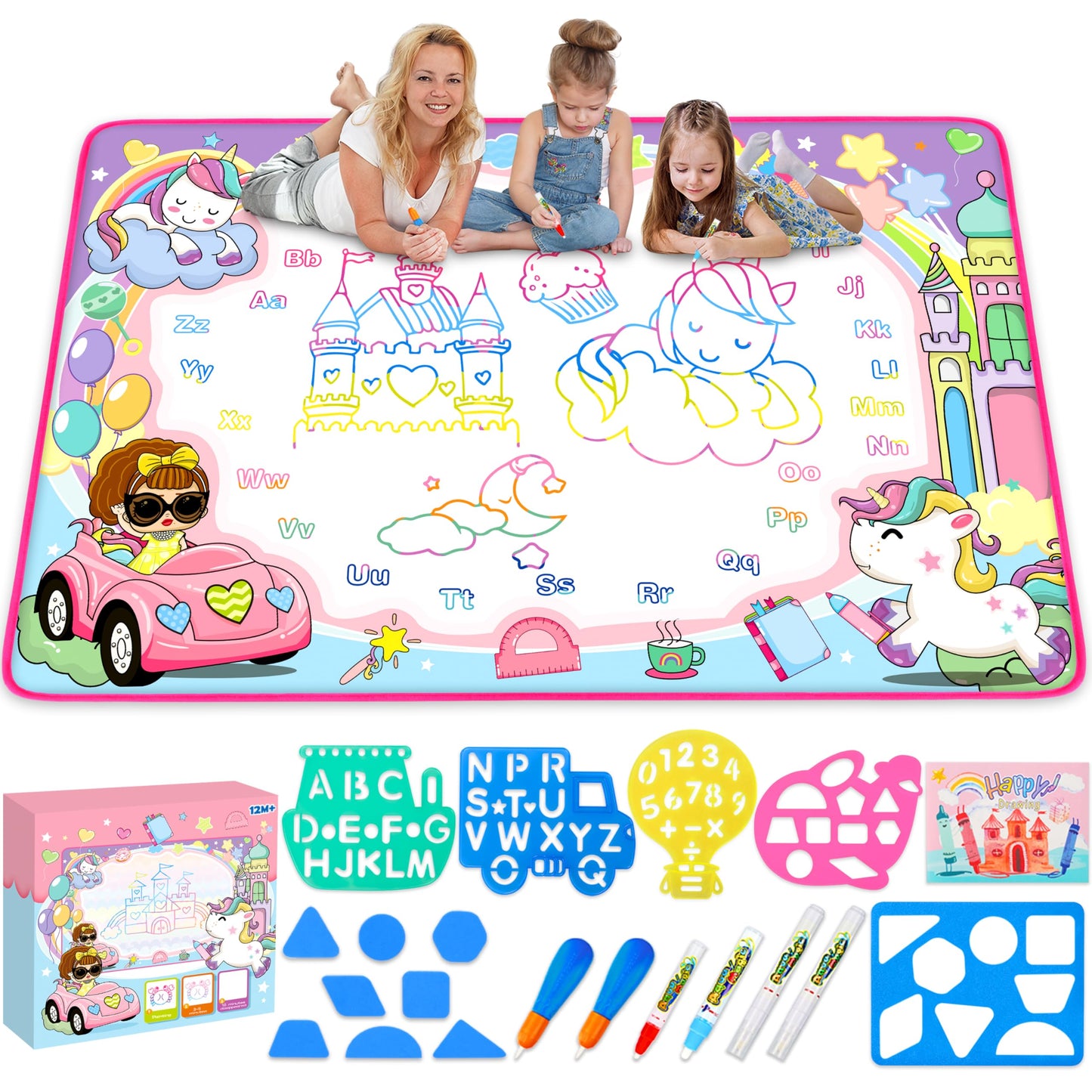 Water Doodle Mat - Kids Painting Writing Color Doodle Drawing Mat Toy Bring Magic Pens Educational Toys for Age 3 4 5 6 7 Year Old Girls Boys Age Toddler Gift