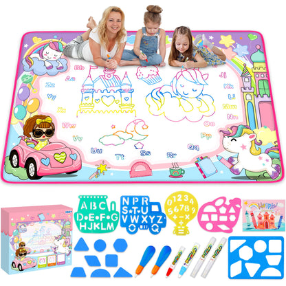 Water Doodle Mat - Kids Painting Writing Color Doodle Drawing Mat Toy Bring Magic Pens Educational Toys for Age 3 4 5 6 7 Year Old Girls Boys Age Toddler Gift