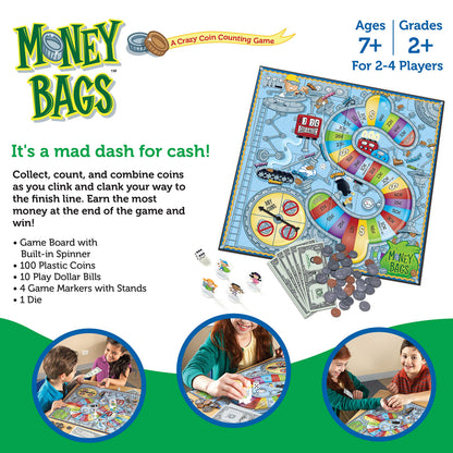Learning Resources Money Bags Coin Value Game - Classroom Math Games, Financial Literacy for Kids, Play Coins for Kids, Counting Games, Money Board Game