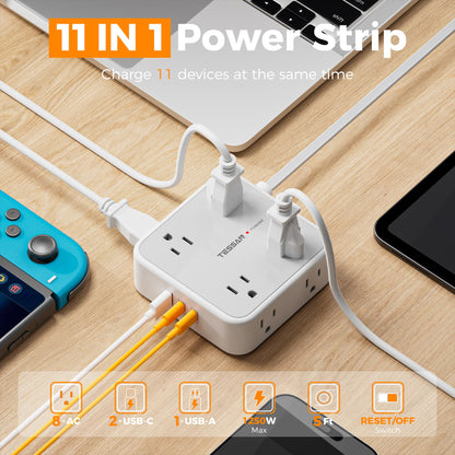 TESSAN Surge Protector Power Strip, 5 Ft Flat Plug Extension Cord with 3 USB (1 USB C) 8 Outlets, 1250W, 900J Protection, 3 Sided Outlet Extender with Power Switch for Office, Dorm Room, Grey