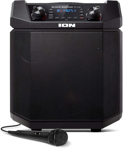 ION Block Rocker Plus - 100W Bluetooth Outdoor Speaker with Rechargeable Battery, Karaoke Microphone, Radio, Wheels, Telescopic Handle & USB Charging