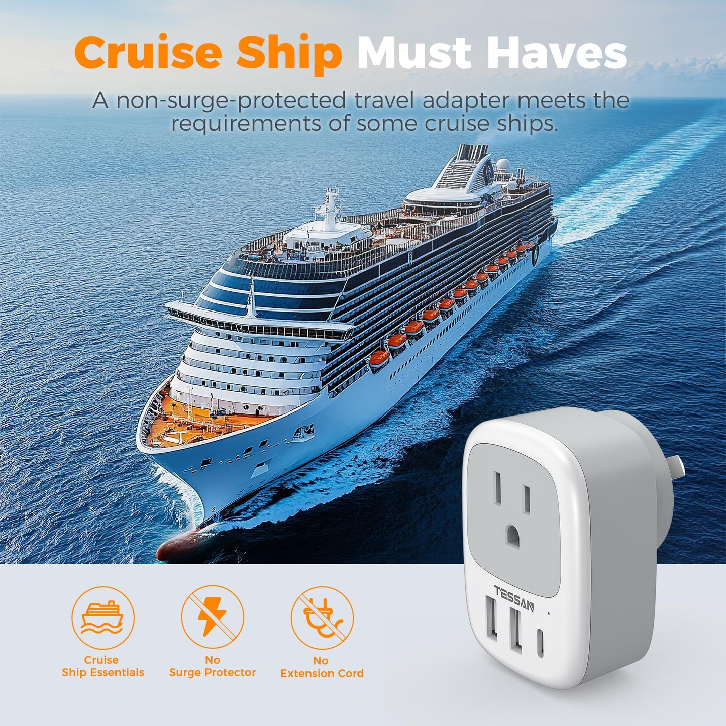 2 Pack European Travel Plug Adapter, TESSAN US to Europe Plug Adapter with 3 USB Ports (1 USB C), Type C Power Outlet for EU International Italy Iceland Spain France Germany