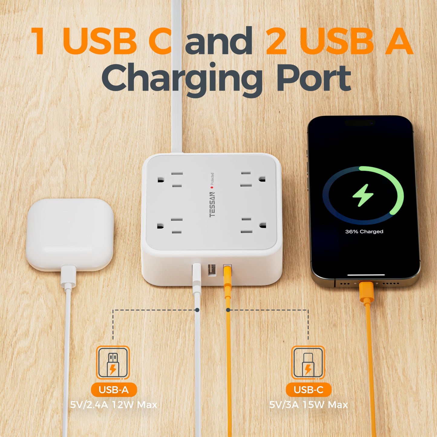 TESSAN Surge Protector Power Strip, 5 Ft Flat Plug Extension Cord with 3 USB (1 USB C) 8 Outlets, 1250W, 900J Protection, 3 Sided Outlet Extender with Power Switch for Office, Dorm Room, Grey