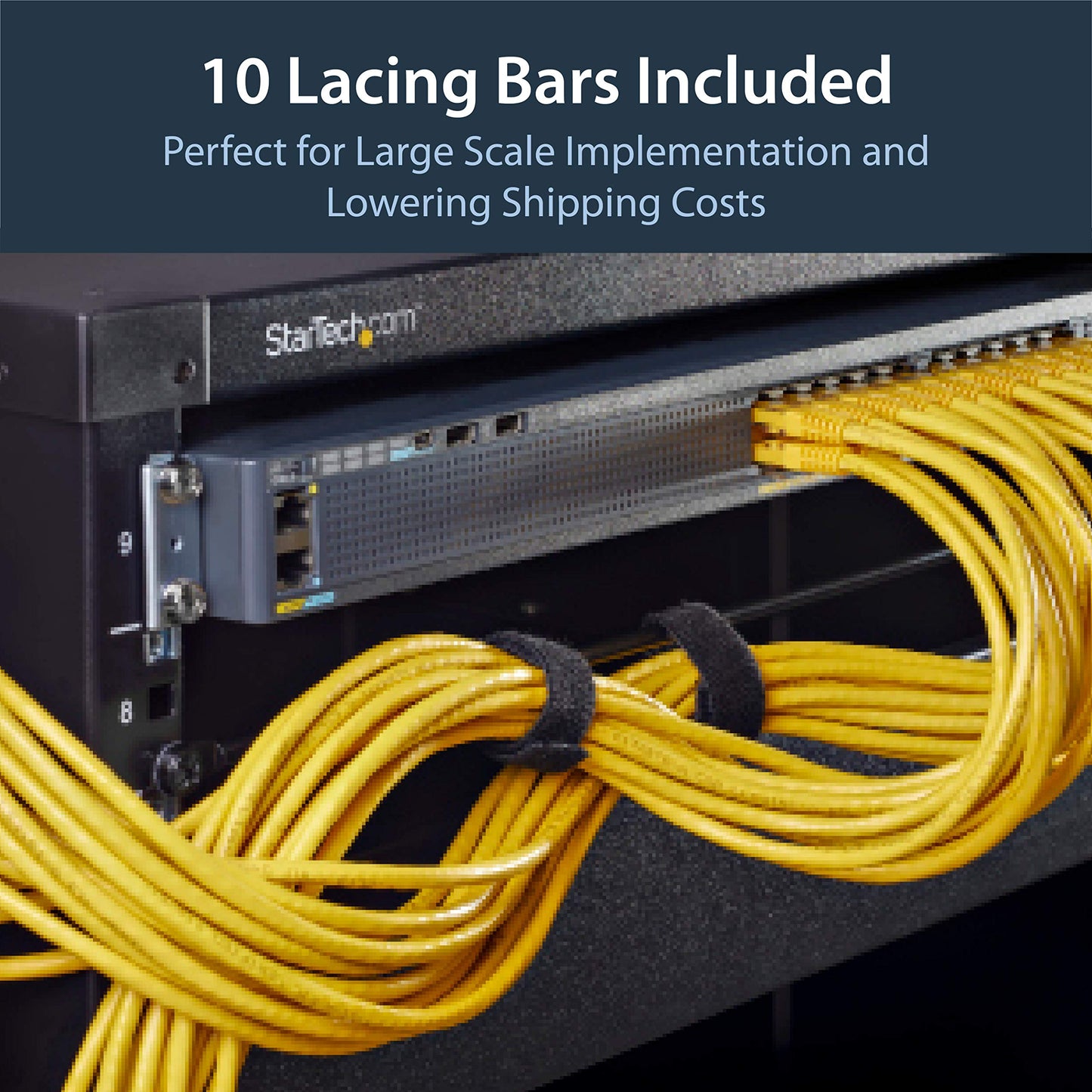 StarTech 10-Pack Horizontal Lacing Bar with 2in (5.1cm) Offset at 75 Degrees, Server Rack Cable Management, 19" Network Rack-Mount Cord Organizer, TAA