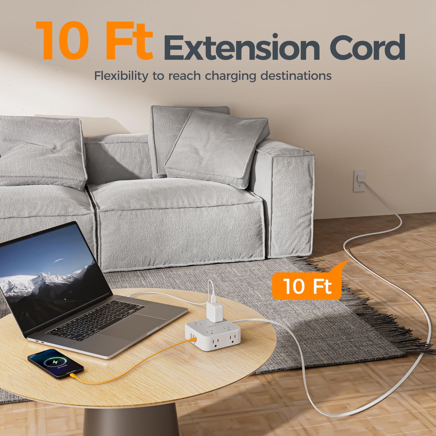 TESSAN Surge Protector Power Strip, 5 Ft Flat Plug Extension Cord with 3 USB (1 USB C) 8 Outlets, 1250W, 900J Protection, 3 Sided Outlet Extender with Power Switch for Office, Dorm Room, Grey