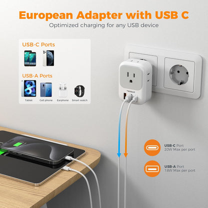TESSAN European Travel Plug Adapter with 4 AC 3 USB (1 USB C PD 20W), Foldable Plug Type C, for US to Most of EU (Spain, France, Italy, Germany, Portugal, Iceland)